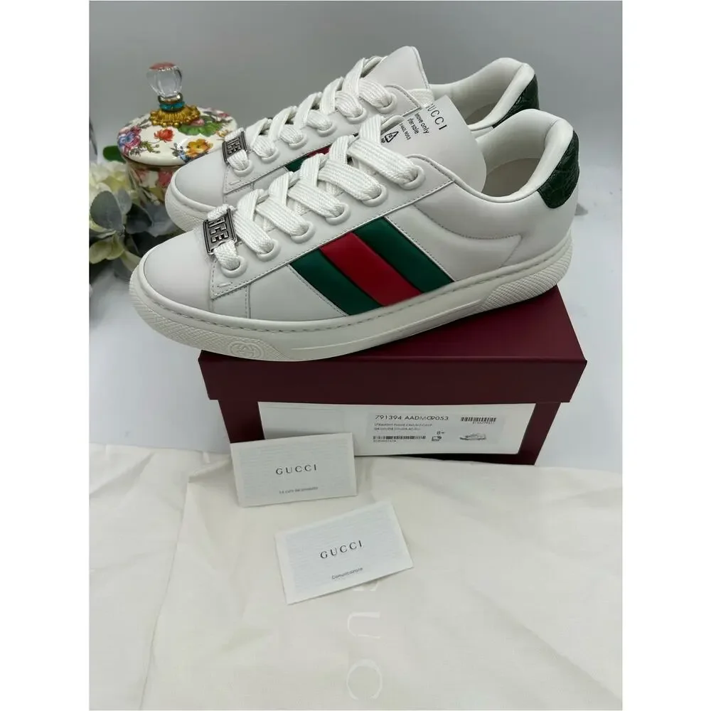 Men's Gucci White Leather ace Sneakers with web, stripe size 8.5 fits 9 US